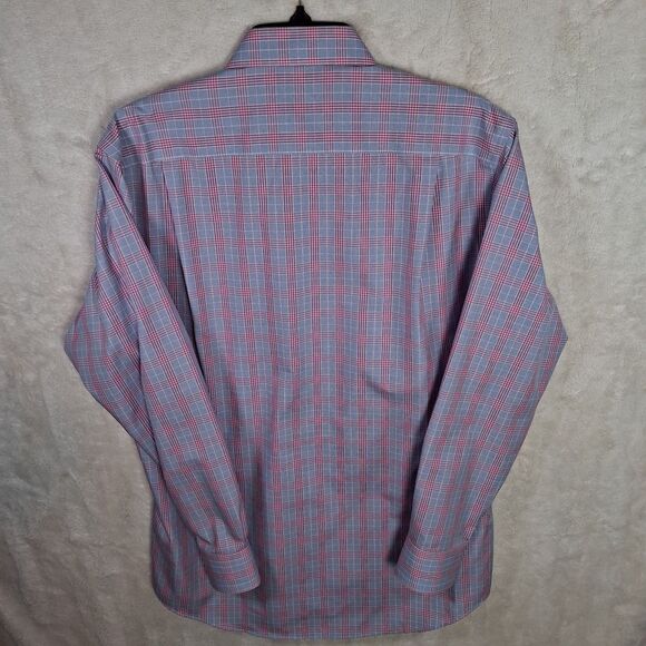 PRONTO Uomo Dress Shirt Mens 16 32 33 Slim Fit Non-Iron Plaid Cotton Blue Pink - Picture 2 of 6